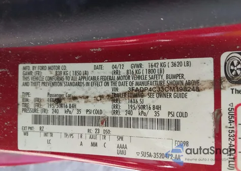 2012 Ford Fiesta Sel z USA, uszkodzony, nr VIN 3FADP4CJ3CM198248